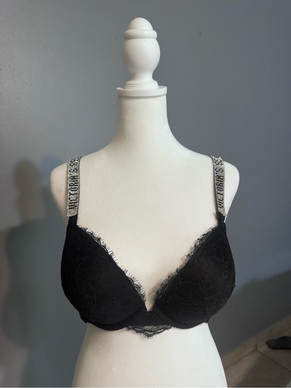 Victoria's Secret Black Lace Push-Up Bra with Jewel Straps